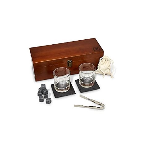 Whiskey Stones - Bourbon Glass Bar Set, 8 Whiskey Rocks and 2 Stone Coasters