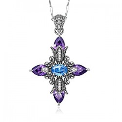 925 Sterling Silver Synthetic Amethyst Dainty Cross Necklace for Women 18 Inch