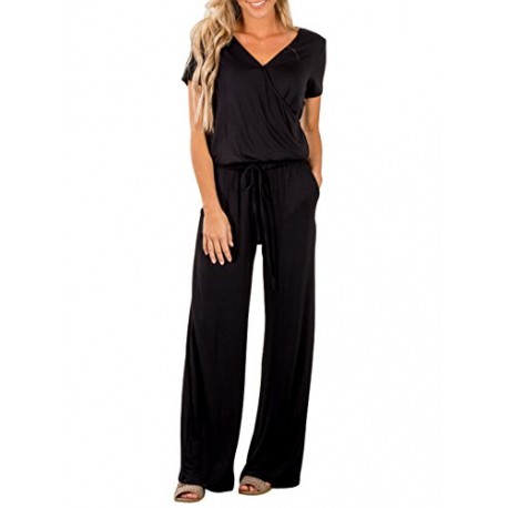 Womens Casual V Neck Wide Legs Long Pant