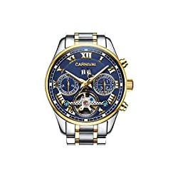Multifunction Sapphire Gold Stainless Steel Waterproof Blue Dial Watch