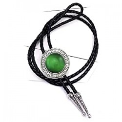 Round Green Emerald Color Stone Bolo Tie Silver Tone