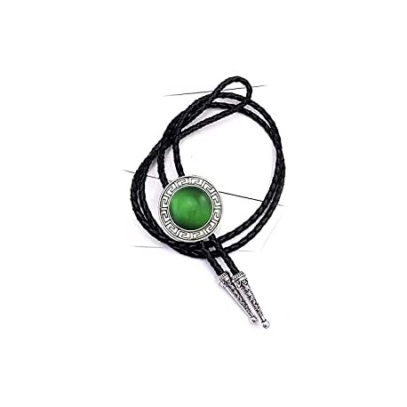 Round Green Emerald Color Stone Bolo Tie Silver Tone