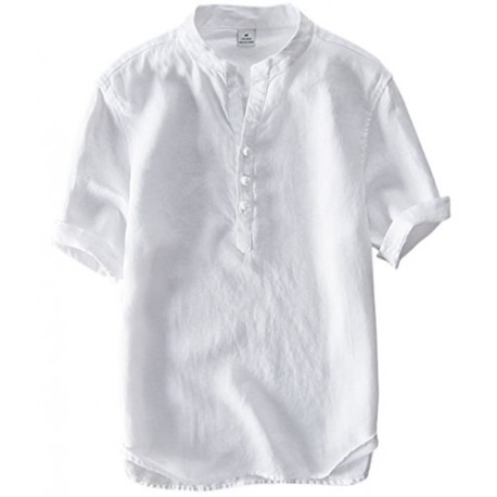 Men's Vintage Round Collar Chinese Style Henley Shirts Short Sleeve Tops