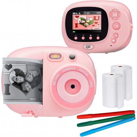 Kids Instant Print Camera & Video Camcorder Bundle with 2.4" HD Screen, Selfie Mirror, Filters for Hours of Fun & Crafts- Pink