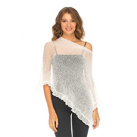 Womens Sheer Poncho Shrug Lightweight Knit Ruffle Pullover Sweater Top