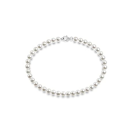 Sterling Silver Round White Simulated Shell Pearl Necklace Strand