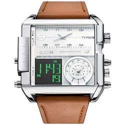 Military Watch Leather Quartz Three Time Zone Large Face Military