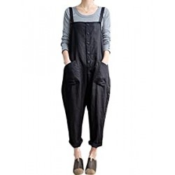 Women's Baggy Loose Cotton Linen Bib Overalls Jumpsuits