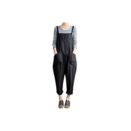 Women's Baggy Loose Cotton Linen Bib Overalls Jumpsuits