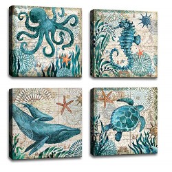 4 Piece Canvas Wall Art Home Wall Decor Art Ocean Watercolor