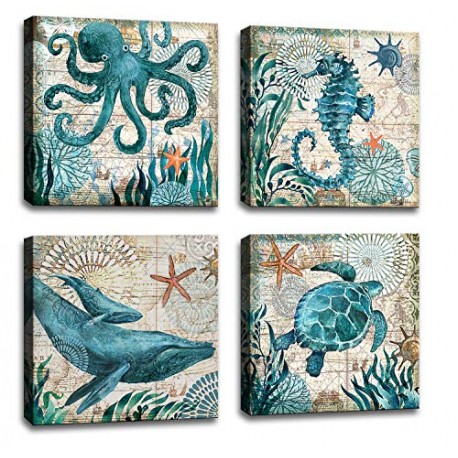 4 Piece Canvas Wall Art Home Wall Decor Art Ocean Watercolor