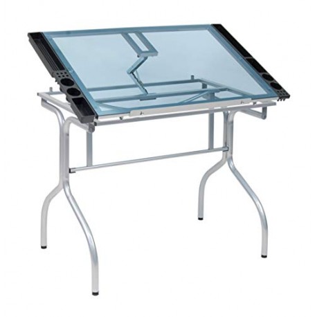 Hobby Table Writing Desk Studio Desk, 35.25" W x 23.75" D, Silver / Blue Glass