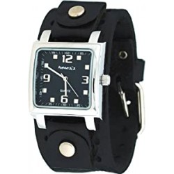 Men's Square Black Dial Wide Leather Cuff Band Watch