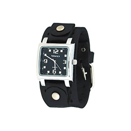 Men's Square Black Dial Wide Leather Cuff Band Watch