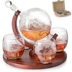 Antique Ship, Whiskey Stones and 4 World Map Glasses, Great Gift