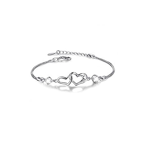 Sterling Silver"Forever Love"Double Heart Bracelets for Women Valentine's Day