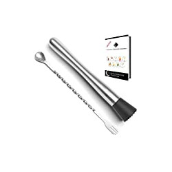10 inch Stainless Steel Cocktail Muddler and Mixing Spoon with Cocktail Recipes Book