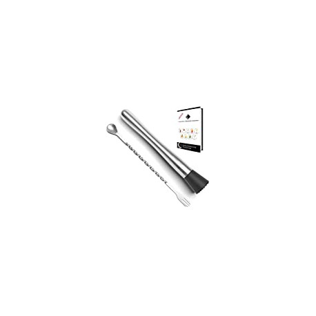 10 inch Stainless Steel Cocktail Muddler and Mixing Spoon with Cocktail Recipes Book