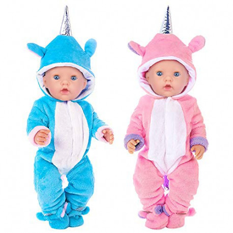 2 Sets 16-18 Inch Baby Doll Clothes Unicorn Jumpsuit Pajamas