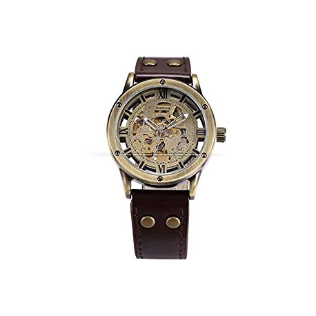 Vintage Bronze Case Automatic Mechanical Skeleton Leather Band Men's Sport Watch