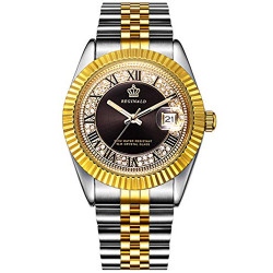 Men's Women's Gold Stainless Steel Watch Black Diamonds Dila Quartz Date Wristwatch 38MM (Black)