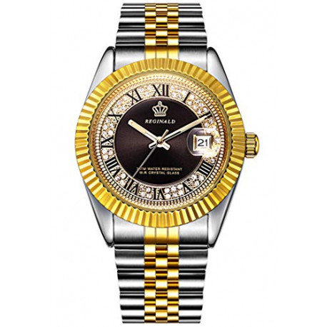 Men's Women's Gold Stainless Steel Watch Black Diamonds Dila Quartz Date Wristwatch 38MM (Black)