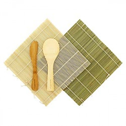 Sushi Mat Kit, 1 Green 1 Natural Bamboo Rolling Mat, 1 Rice Paddle, 1 Spreader | 100% Bamboo Mat and Utensils