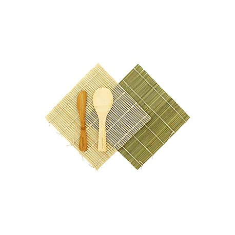 Sushi Mat Kit, 1 Green 1 Natural Bamboo Rolling Mat, 1 Rice Paddle, 1 Spreader | 100% Bamboo Mat and Utensils