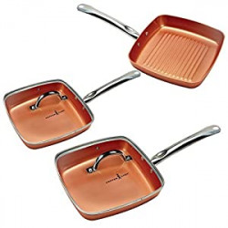Chef Non-Stick Square Fry Pan 5-Piece Set 8 Inch Griddle Pan 9.5 Inch Grill Pan 11 Inch Griddle Pan 9.5 Inch Lid 11 Inch Lid