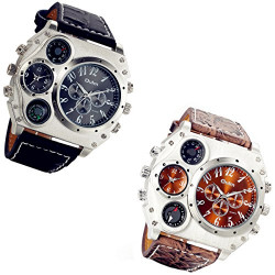 Pack 2 of Men's Watch Oversize Steampunk Dual Time Zone Four Dial Big Face Watches