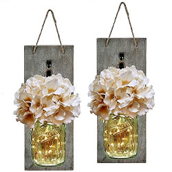 LED Fairy Strip Lights and Flowers Hydrangea Farmhouse Sconce Jars (Set of 2)