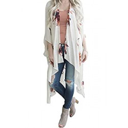 Womens Floral Print 3/4 Sleeve Cardigan Kimono Capes Beach Cover Up Tops