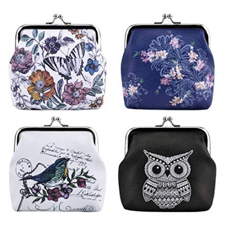 4 Packs Coin Purse Change Pouch Cute Assorted Pattern Clasp Closure Wallet Bag Gift (Flowers,Owl, Bird, Butterfly)