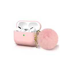 Silicone Case Cover with Cute Pom Pom Fur Ball Keychain for Women Girls [Front LED Visible] Light Pink