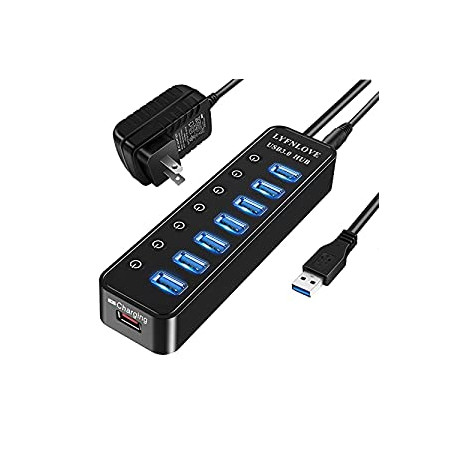 Powered USB 3.0 Hub, 7-Port Data USB Hub with Power Adapter