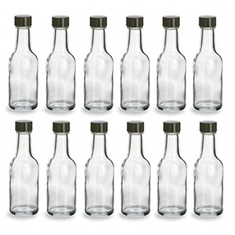 12 pcs 50 ml Glass Liquor Bottles with Black Cap (1.69 oz)