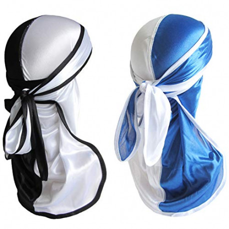 Men Silky 360 Wave Caps with Long Tail Two Tone Silk Durag Pack 2 PCS