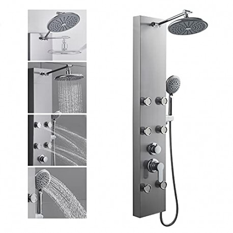 Stainless Steel Shower Panels System with 8-inch Rainfall Shower, 6 Body Jets and 5-Setting Handheld Shower Wand