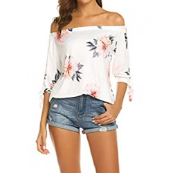 Women Off Shoulder Blouses 3/4 Sleeve Floral Print Tops