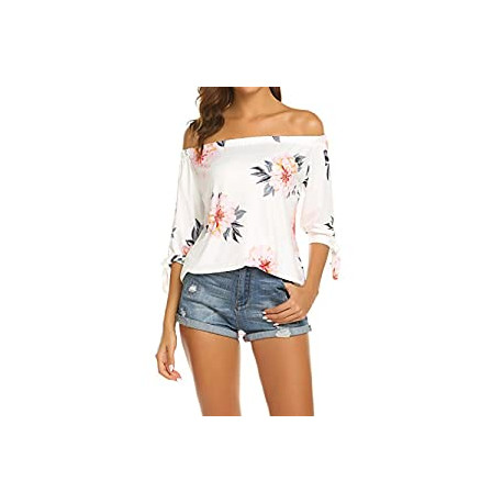Women Off Shoulder Blouses 3/4 Sleeve Floral Print Tops