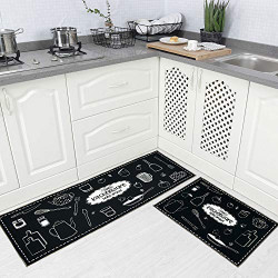 2 Piec Non-Slip Kitchen Rug TPR Non-Skid Backing Mat for Doorway Bathroom Runner Rug Set, Geometric Design (17"x48"+17"x24")