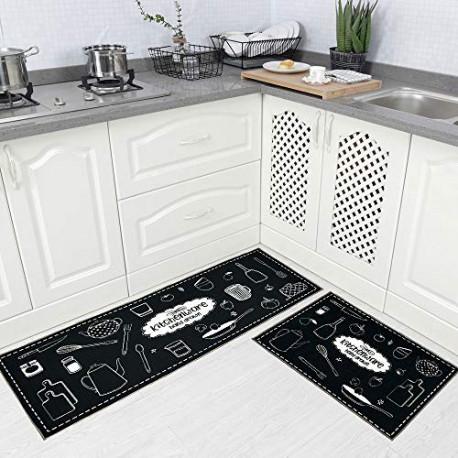 2 Piec Non-Slip Kitchen Rug TPR Non-Skid Backing Mat for Doorway Bathroom Runner Rug Set, Geometric Design (17"x48"+17"x24")