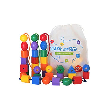 Large Lacing Bead Set for Kids - 36 Jumbo Beads & 4 Threads for Toddlers