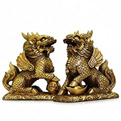 Feng Shui Set of Two Golden Brass Chi Lin/Kylin