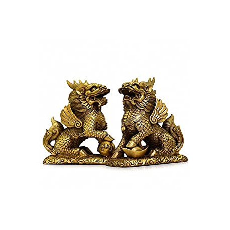 Feng Shui Set of Two Golden Brass Chi Lin/Kylin
