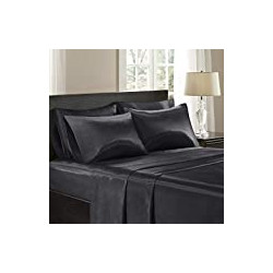 SHET20-173 Satin Wrinkle-Free Luxurious and Silky with 16" Deep Pocket 6 Piece Durable Sheet Set, Queen, Black