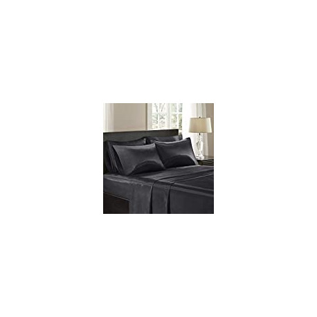 SHET20-173 Satin Wrinkle-Free Luxurious and Silky with 16" Deep Pocket 6 Piece Durable Sheet Set, Queen, Black