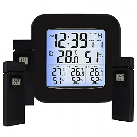 Wireless Weather Station Thermometer with 3 Indoor Outdoor Sensor Wireless Clock