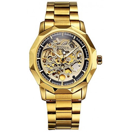 Skeleton Dress Analog Watch for Unisex Mechanical Wrist Watch Gold Plated Steel Band Waterproof Watches