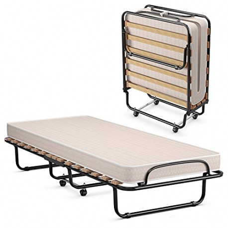 Folding Bed with Mattress, Rollaway Guest Bed W/Foam Mattress, Sturdy Metal Frame